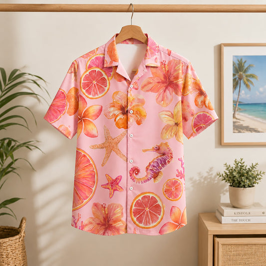 HW-299-Pink Citrus Grapefruit Hibiscus Floral Seahorse Starfish Graphic Casual Summer Resort Wear Hawaiian Shirt