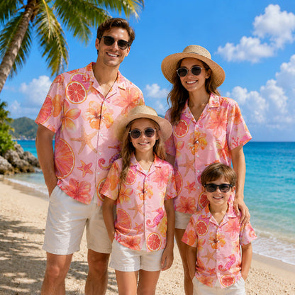 HW-299-Pink Citrus Grapefruit Hibiscus Floral Seahorse Starfish Graphic Casual Summer Resort Wear Hawaiian Shirt