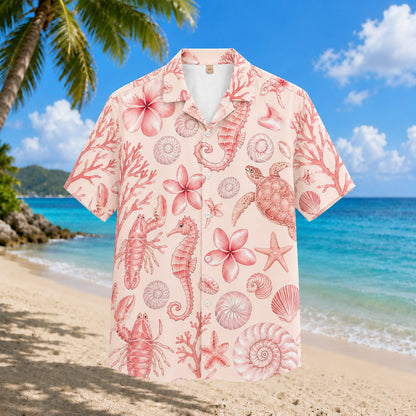 HW-300-Blush Silk Ocean Hawaiian Apparel, Starfish Coral Graphic Short Resort Beach Shirt Raiment