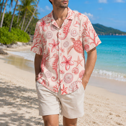 HW-300-Blush Silk Ocean Hawaiian Apparel, Starfish Coral Graphic Short Resort Beach Shirt Raiment