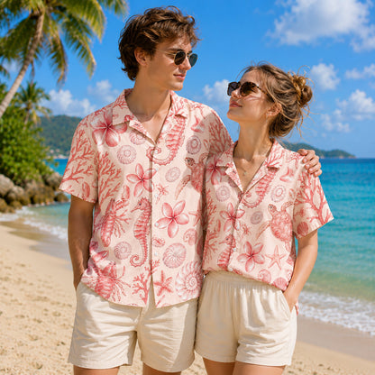HW-300-Blush Silk Ocean Hawaiian Apparel, Starfish Coral Graphic Short Resort Beach Shirt Raiment