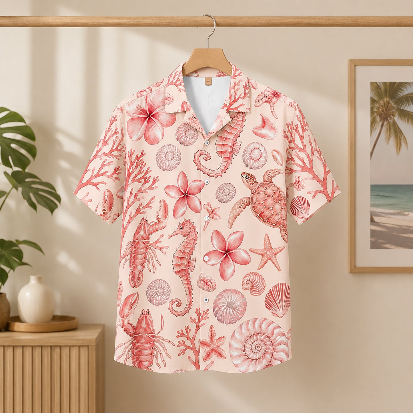 HW-300-Blush Silk Ocean Hawaiian Apparel, Starfish Coral Graphic Short Resort Beach Shirt Raiment
