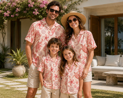 HW-300-Blush Silk Ocean Hawaiian Apparel, Starfish Coral Graphic Short Resort Beach Shirt Raiment