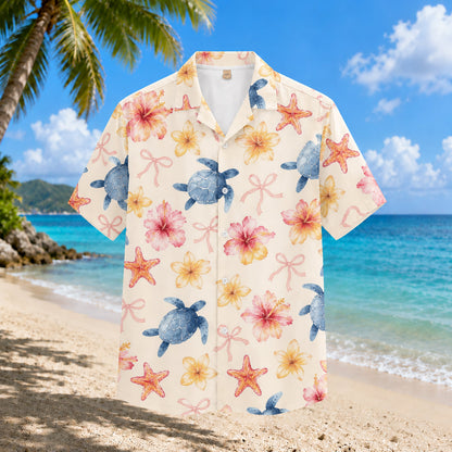 HW-301-Ivory Satin Novelty Hawaiian Apparel, Marine Floral Component Short Resort Beach Shirt Vesture
