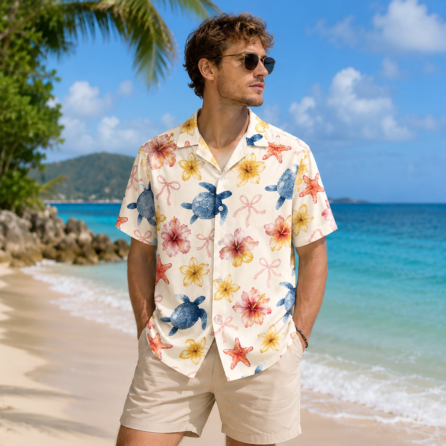 HW-301-Ivory Satin Novelty Hawaiian Apparel, Marine Floral Component Short Resort Beach Shirt Vesture