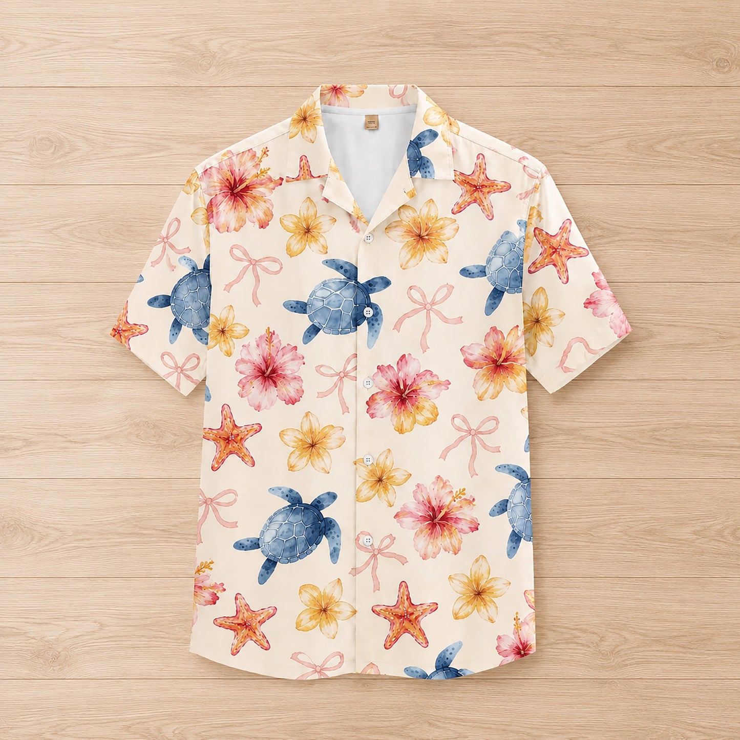 HW-301-Ivory Satin Novelty Hawaiian Apparel, Marine Floral Component Short Resort Beach Shirt Vesture