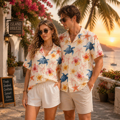 HW-301-Ivory Satin Novelty Hawaiian Apparel, Marine Floral Component Short Resort Beach Shirt Vesture