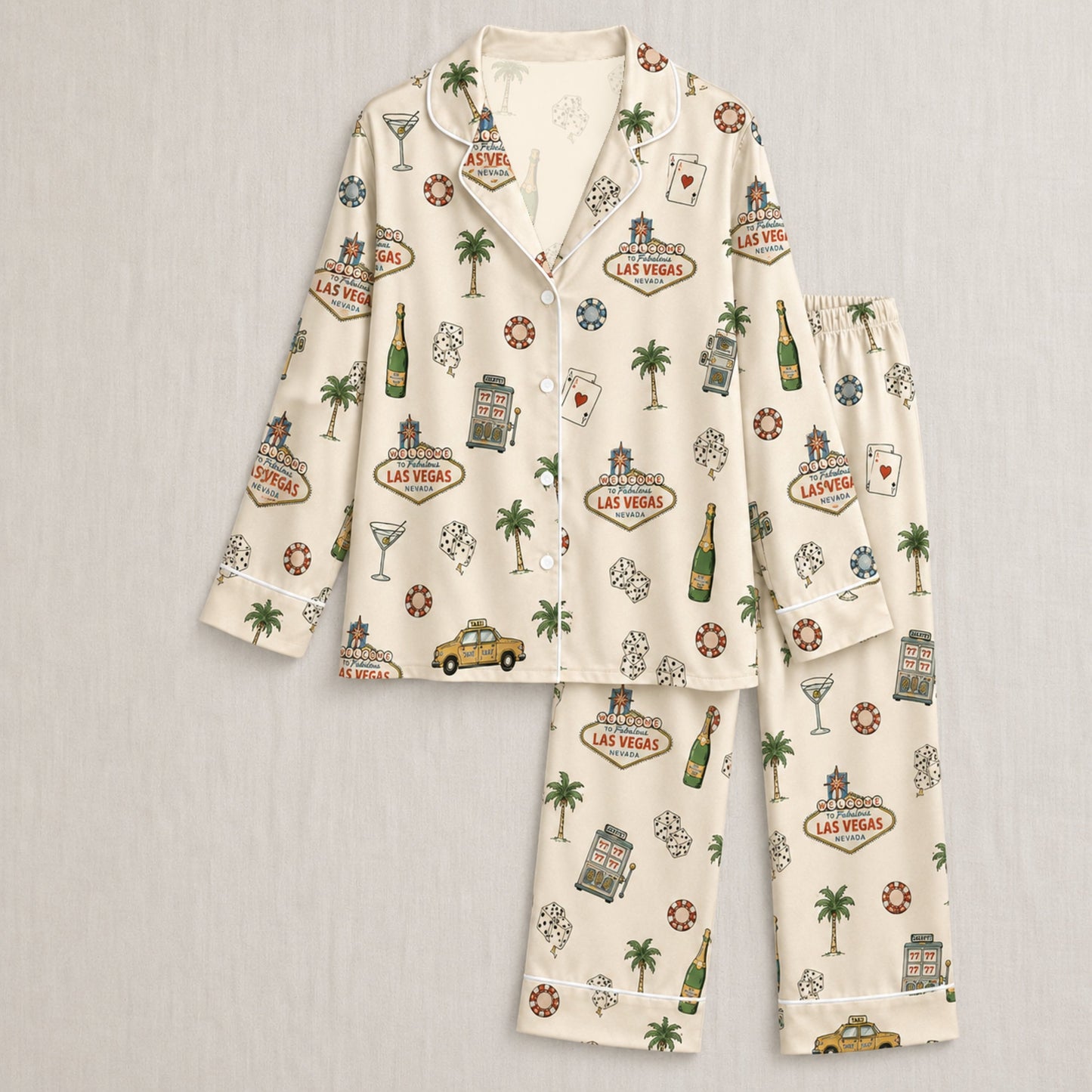 PJ-001-Cream Las Vegas Casino Satin Pajama Set, Ivory Graphic Bachelorette Loungewear Sleepwear Nightwear Collection