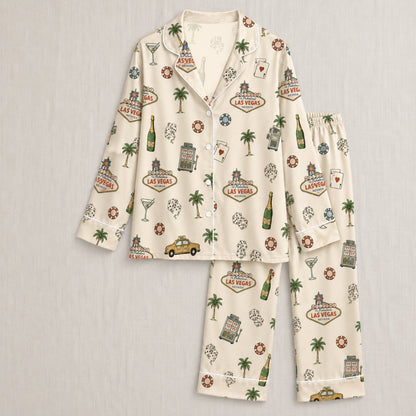 PJ-001-Cream Las Vegas Casino Satin Pajama Set, Ivory Graphic Bachelorette Loungewear Sleepwear Nightwear Collection