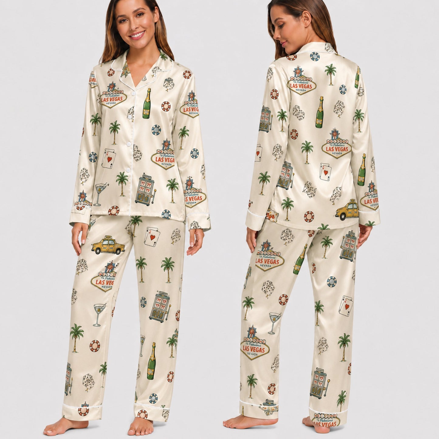 PJ-001-Cream Las Vegas Casino Satin Pajama Set, Ivory Graphic Bachelorette Loungewear Sleepwear Nightwear Collection