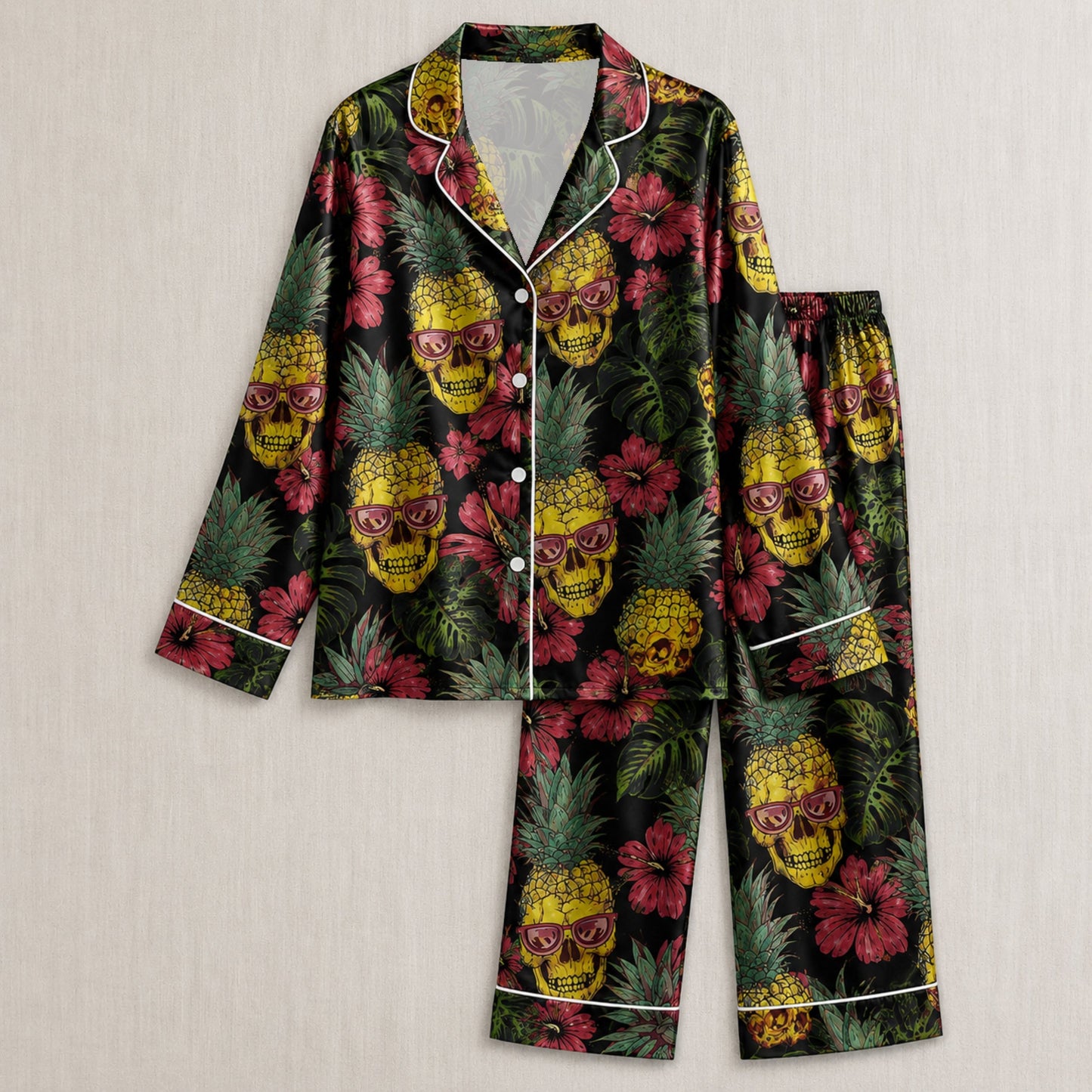 PJ-002-Minimalist Skull Art Satin Pajama Set, Patterned Pitch Tone Lounge Underwear Nightdress Coordinates Lounge