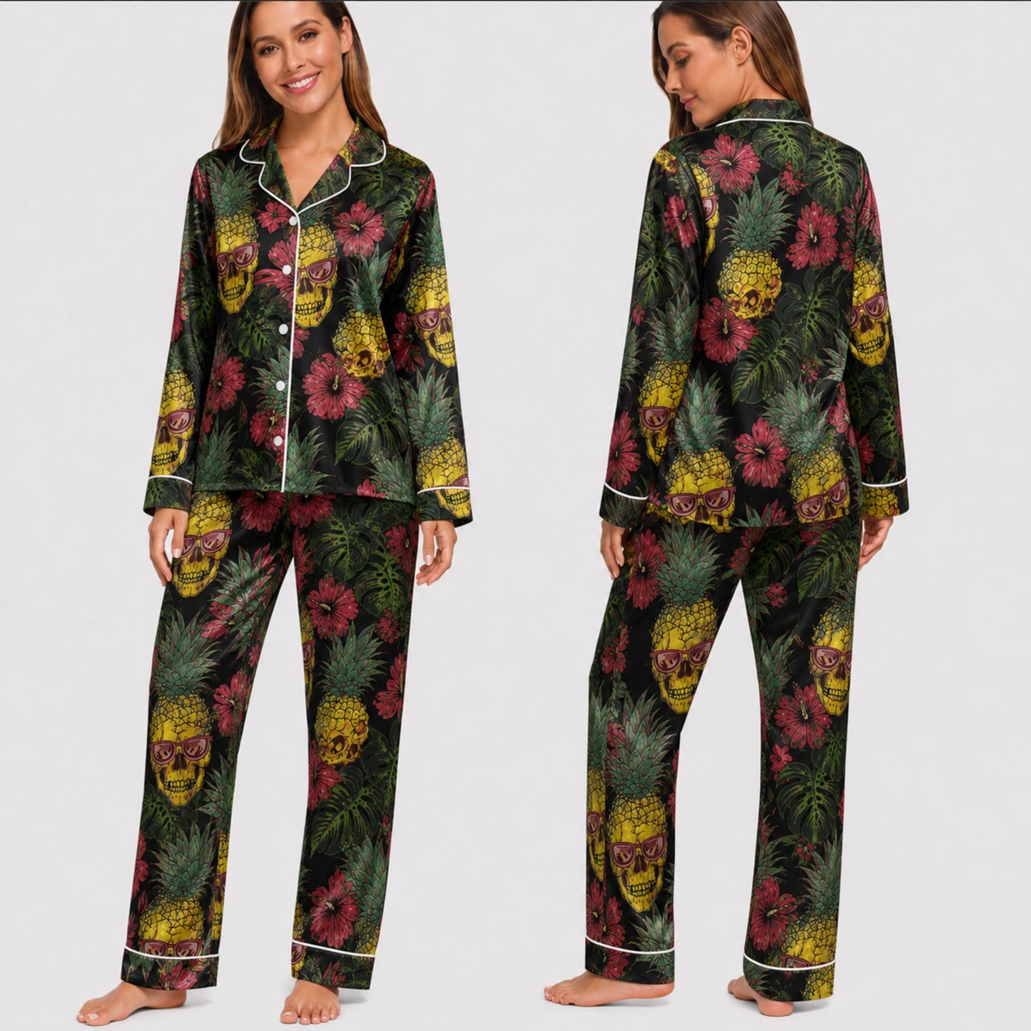 PJ-002-Minimalist Skull Art Satin Pajama Set, Patterned Pitch Tone Lounge Underwear Nightdress Coordinates Lounge