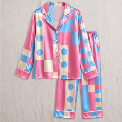 PJ-003-Pink Blue Geometric Block Satin Pajama Set, Cream Graphic Polkadot Loungewear Sleepwear Nightwear