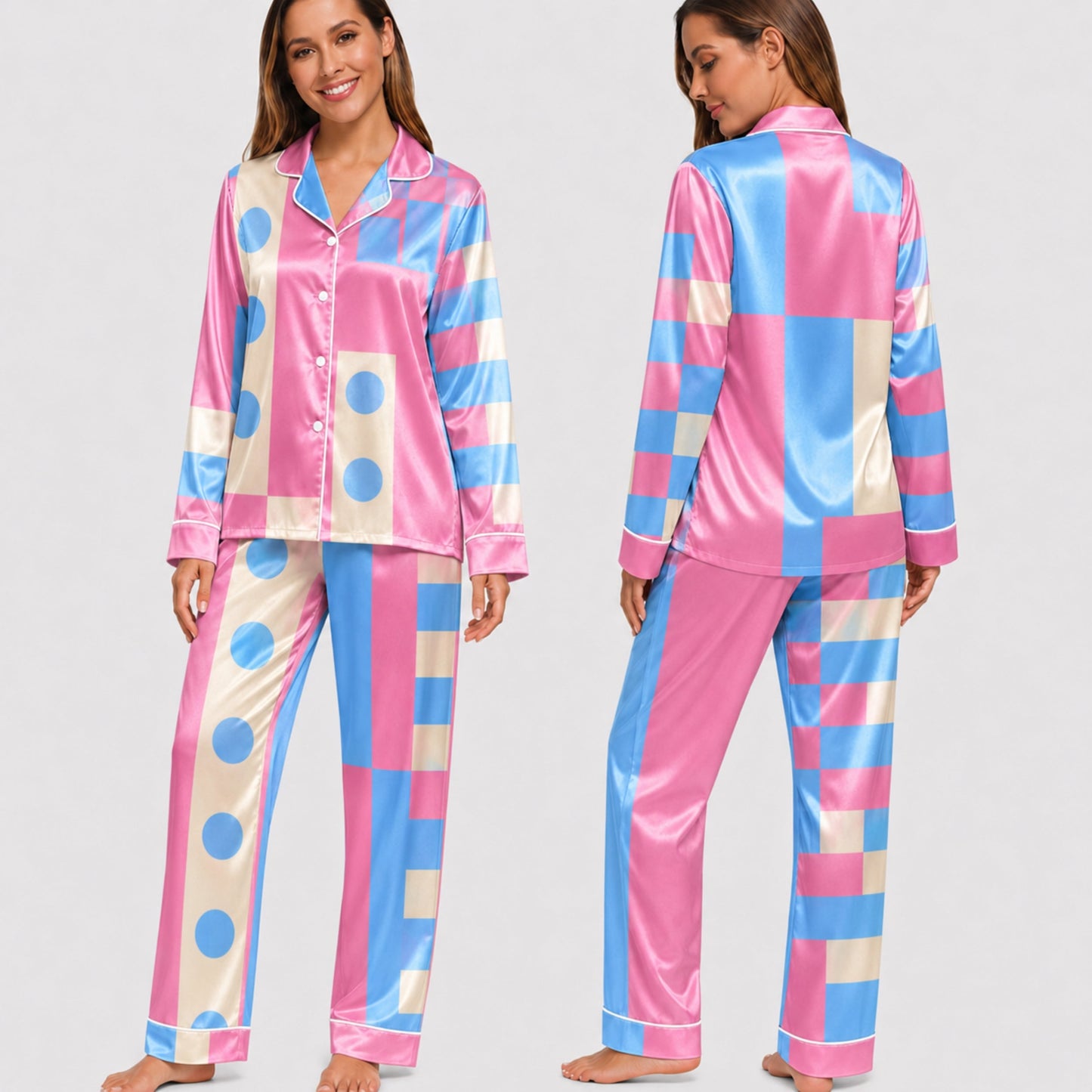 PJ-003-Pink Blue Geometric Block Satin Pajama Set, Cream Graphic Polkadot Loungewear Sleepwear Nightwear