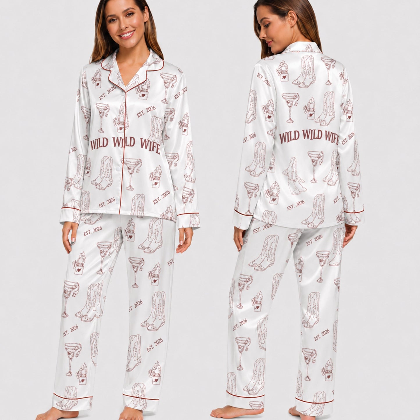 PJ-004-Cute Country Wedding Satin Pajama Set, Romantic Wine Graphic Print Homewear Pjs Set Lounging