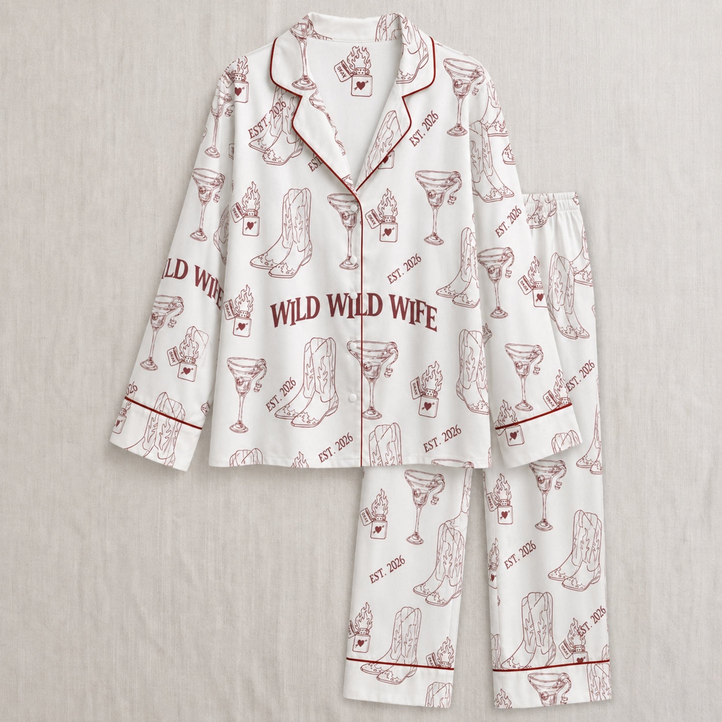 PJ-004-Cute Country Wedding Satin Pajama Set, Romantic Wine Graphic Print Homewear Pjs Set Lounging