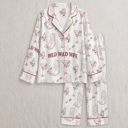 PJ-004-Cute Country Wedding Satin Pajama Set, Romantic Wine Graphic Print Homewear Pjs Set Lounging
