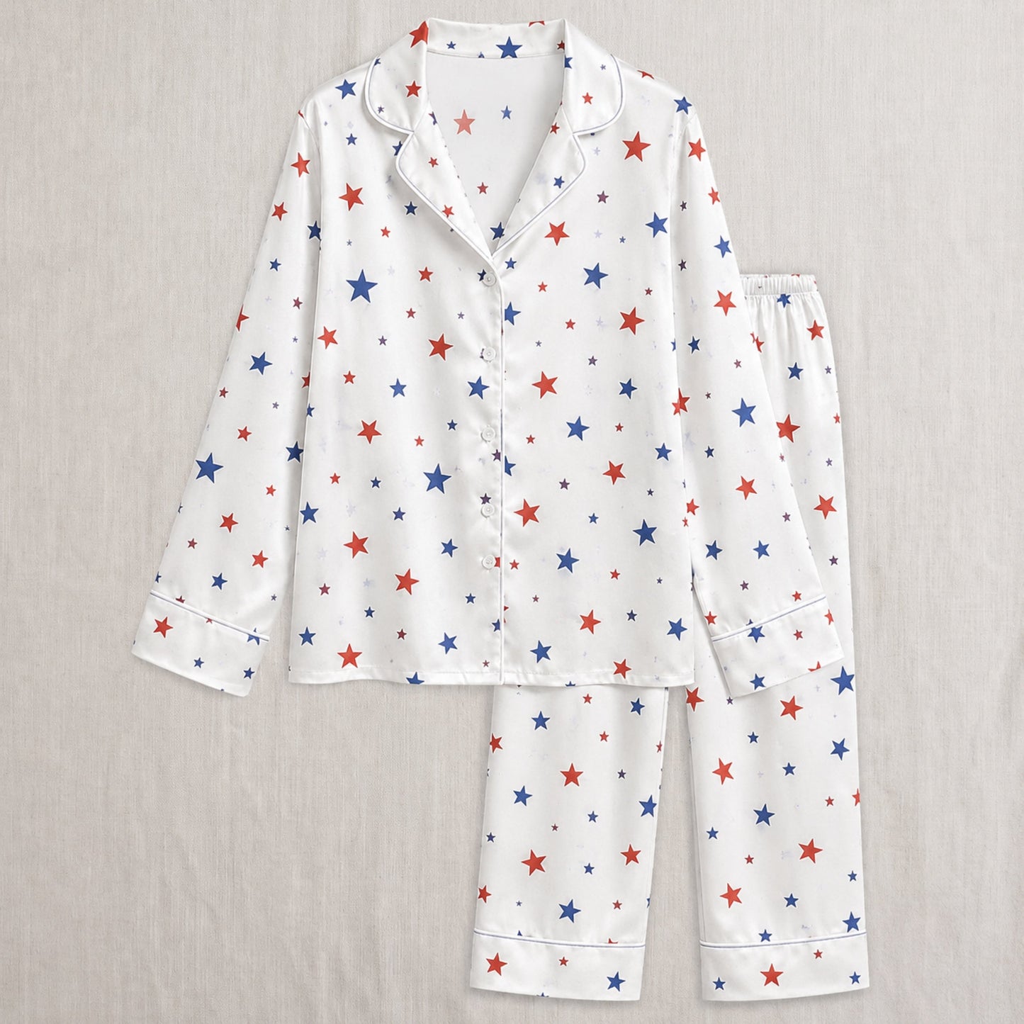 PJ-005-Patterned Constellation Premium Satin Pajama Set, Light Alabaster Short Sleeve Button Front Apparel Nightshirts