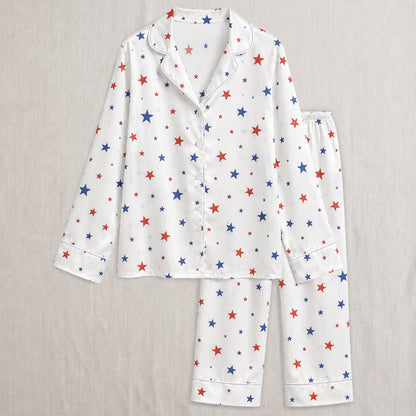 PJ-005-Patterned Constellation Premium Satin Pajama Set, Light Alabaster Short Sleeve Button Front Apparel Nightshirts