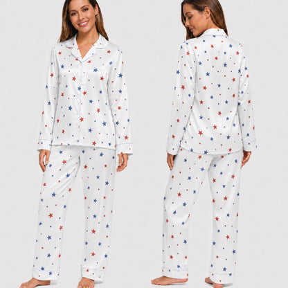 PJ-005-Patterned Constellation Premium Satin Pajama Set, Light Alabaster Short Sleeve Button Front Apparel Nightshirts