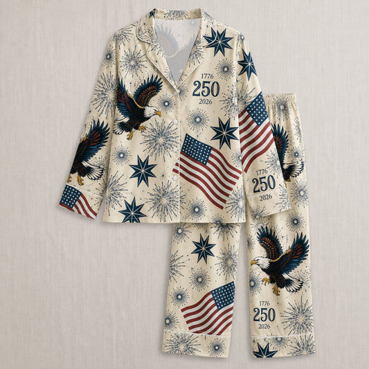 PJ-006-Repeating Independence Fireworks Printed Satin Pajama Set, Whimsical Jubilee Pastel Unisex Sleepwear Lounge Coordinates