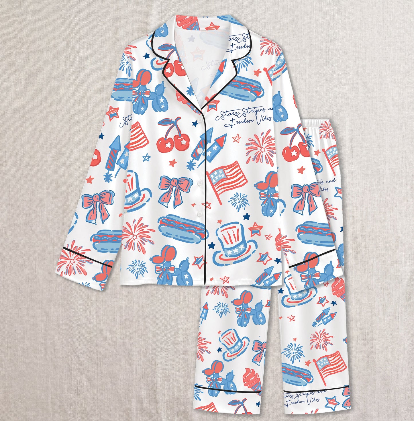 PJ-018-Satin Americana Black Piping Button Up Long/Short Pajama Set