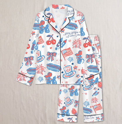 PJ-018-Satin Americana Black Piping Button Up Long/Short Pajama Set