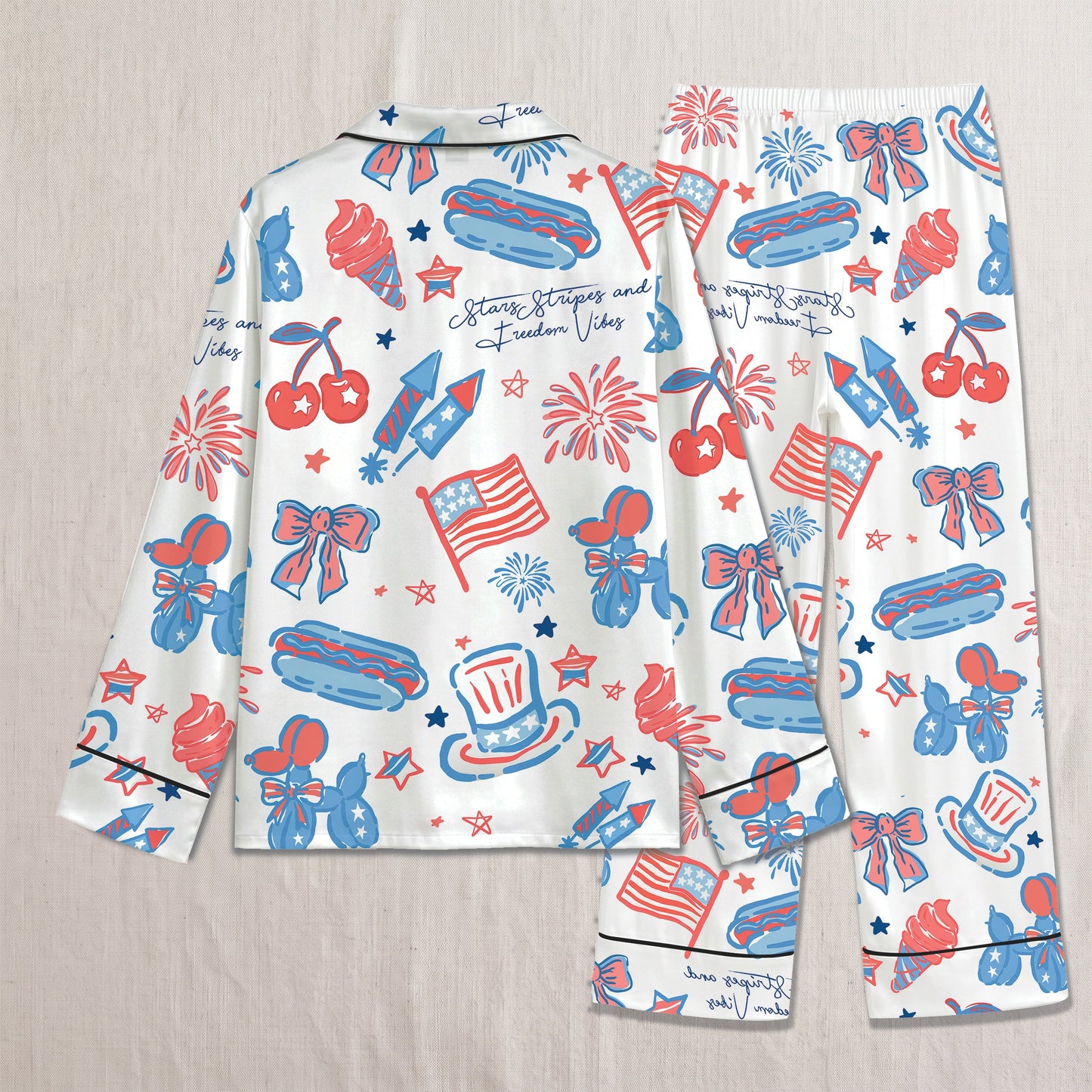 PJ-018-Satin Americana Black Piping Button Up Long/Short Pajama Set