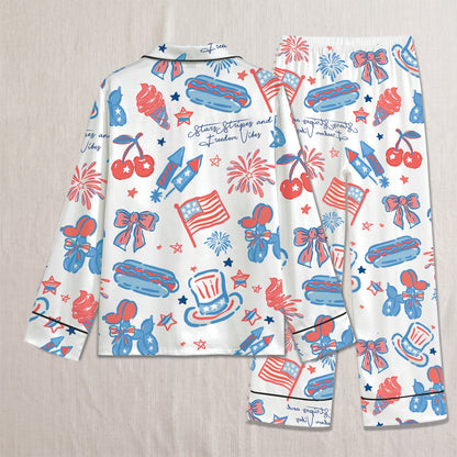 PJ-018-Satin Americana Black Piping Button Up Long/Short Pajama Set