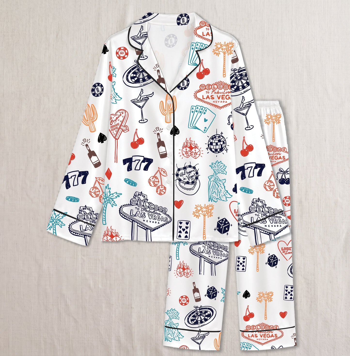 PJ-019-Satin Las Vegas Black Piping Button Up Long/Short Pajama Set