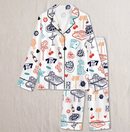 PJ-019-Satin Las Vegas Black Piping Button Up Long/Short Pajama Set