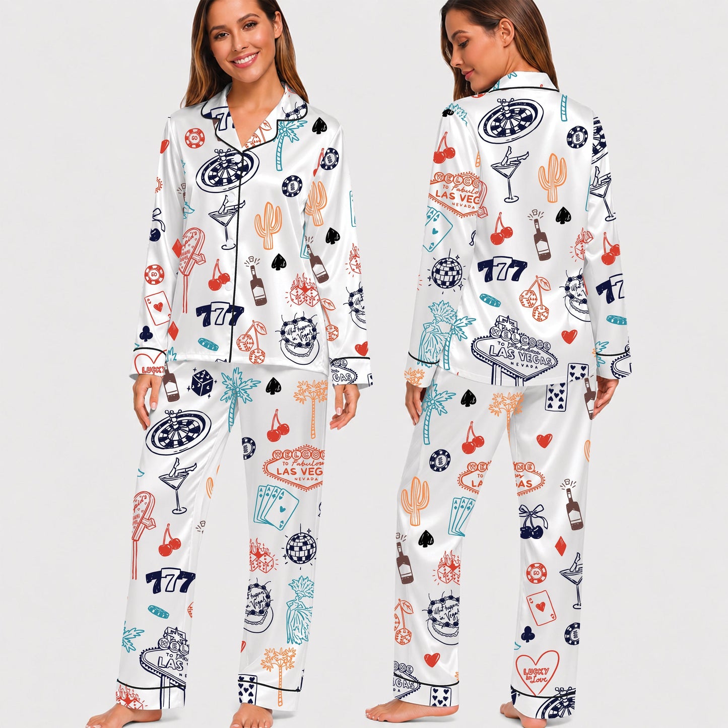 PJ-019-Satin Las Vegas Black Piping Button Up Long/Short Pajama Set