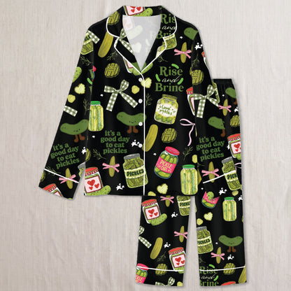 PJ-022-Satin Pickle Print Button Up Pajama Set