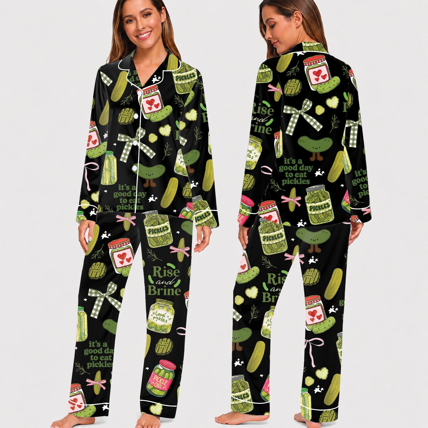 PJ-022-Satin Pickle Print Button Up Pajama Set