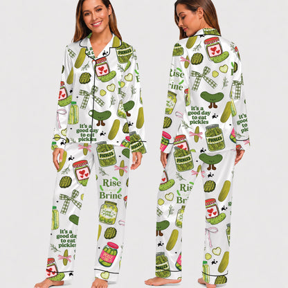 PJ-022-Satin Pickle Print Button Up Pajama Set