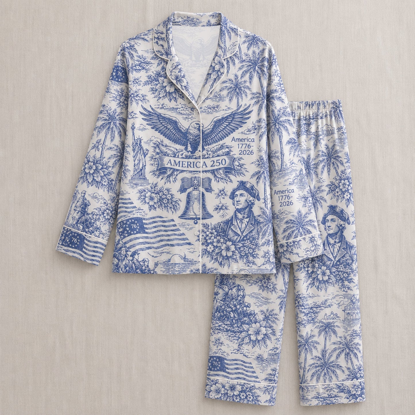 PJ-025-Satin America 250 Toile White Piping Button Up Long/Short Pajama Set