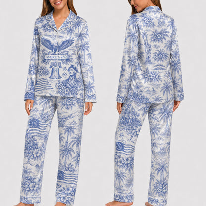 PJ-025-Satin America 250 Toile White Piping Button Up Long/Short Pajama Set