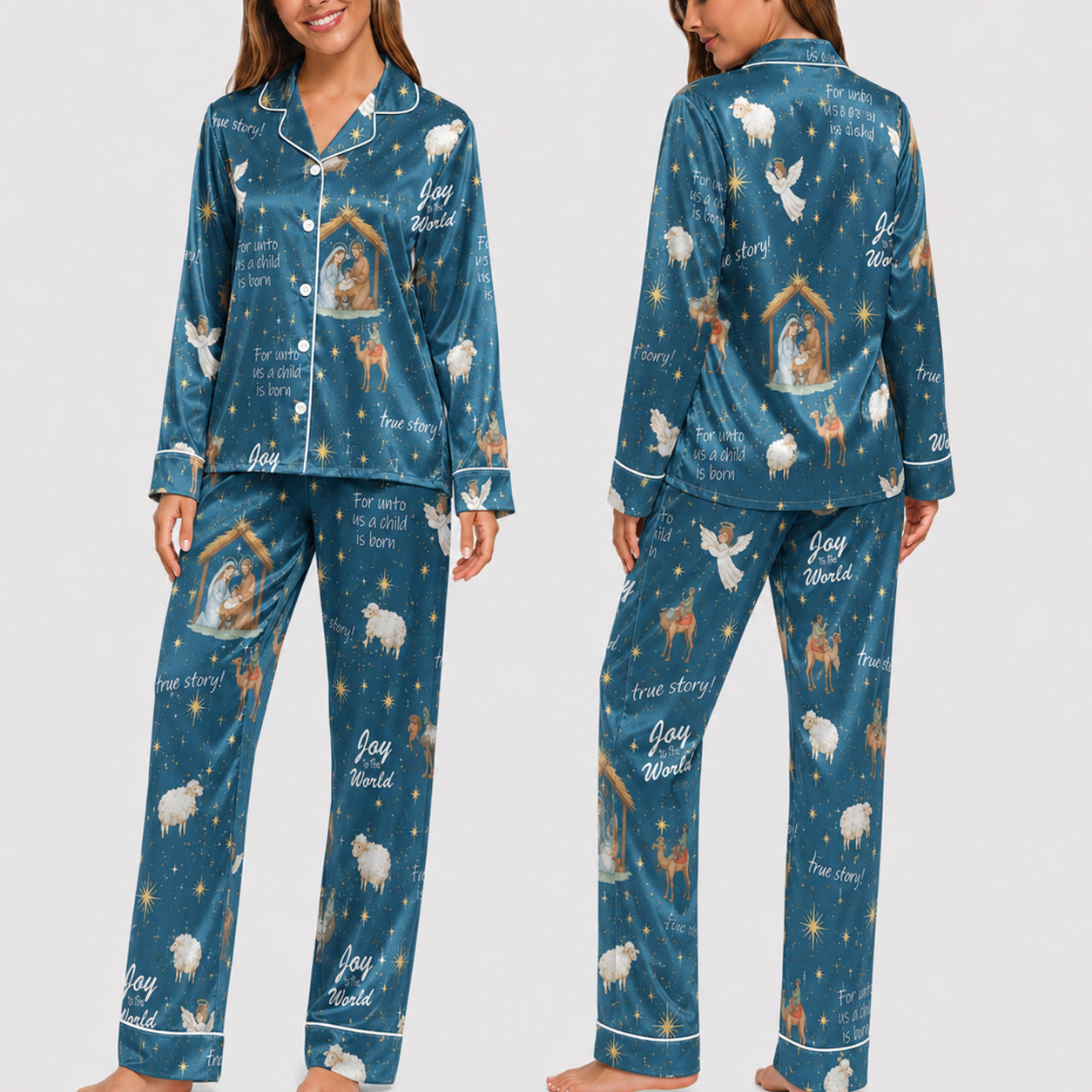PJ-026-'Joy to the World' White Piping Button Up Long/Short Pajama Set
