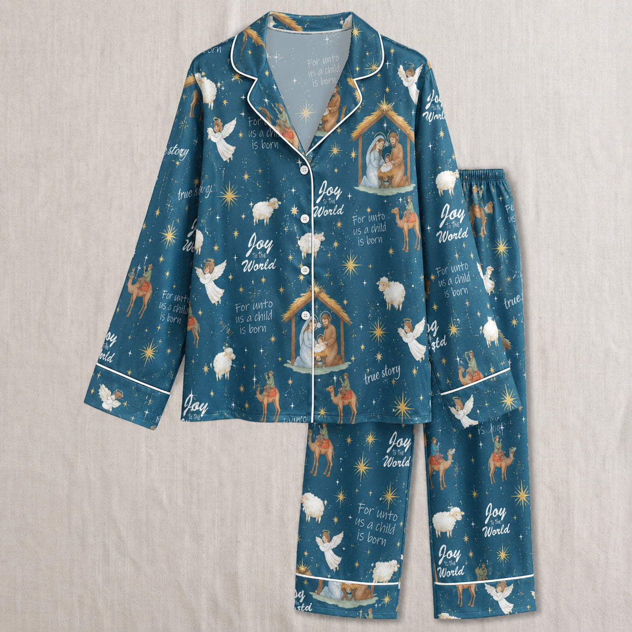 PJ-026-'Joy to the World' White Piping Button Up Long/Short Pajama Set