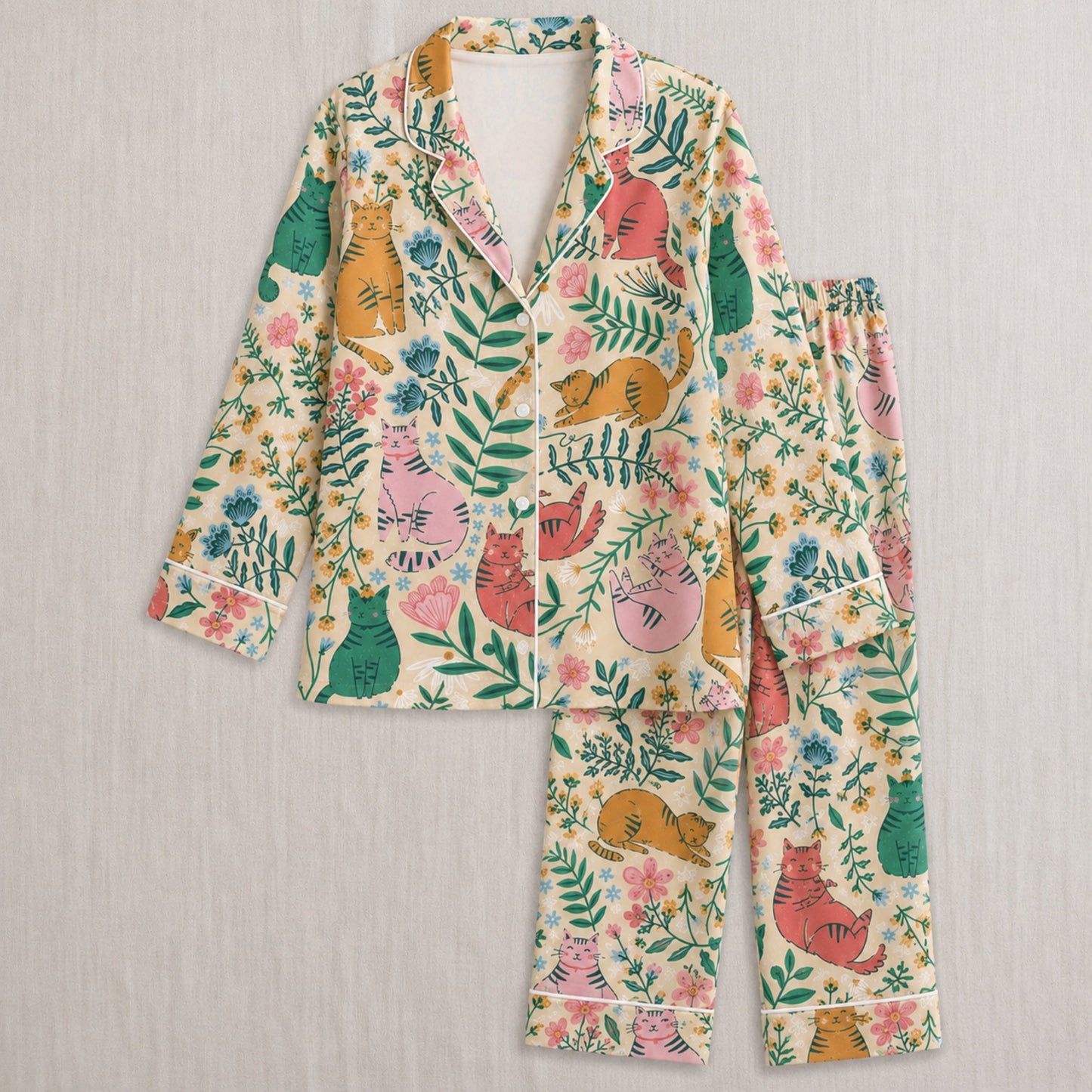 PJ-027-Satin Floral Cat White Piping Button Up Long/Short Pajama Set