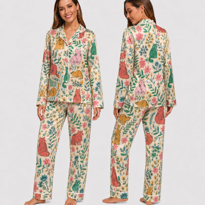 PJ-027-Satin Floral Cat White Piping Button Up Long/Short Pajama Set