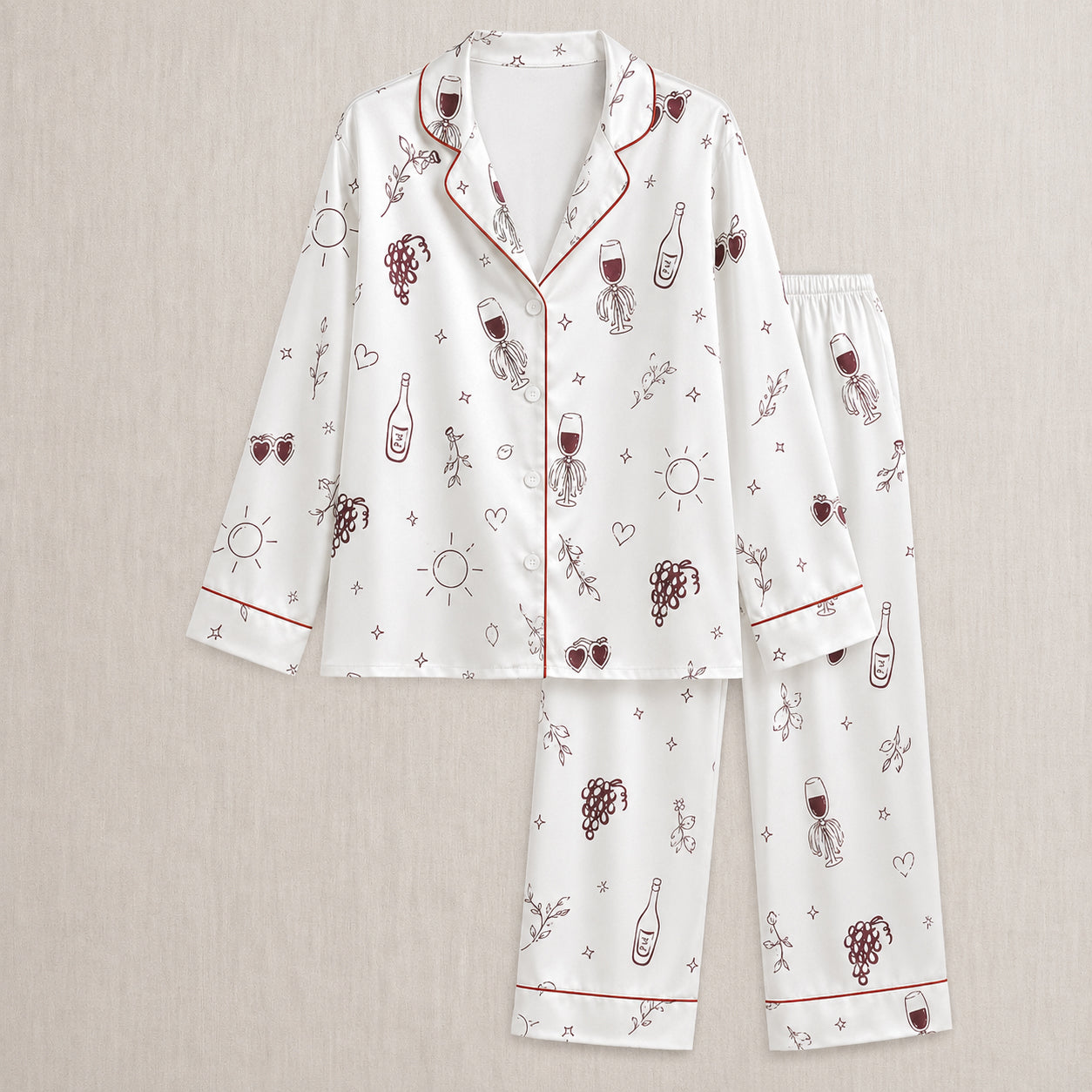 PJ-028-Satin Wine Print Burgundy Piping Button Up Long/Short Pajama Set