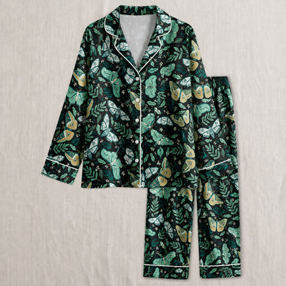 PJ-029-Satin Wine Print Burgundy Piping Button Up LongG Pajama Set