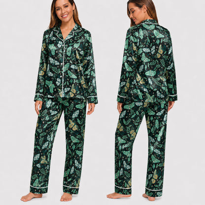 PJ-029-Satin Wine Print Burgundy Piping Button Up LongG Pajama Set