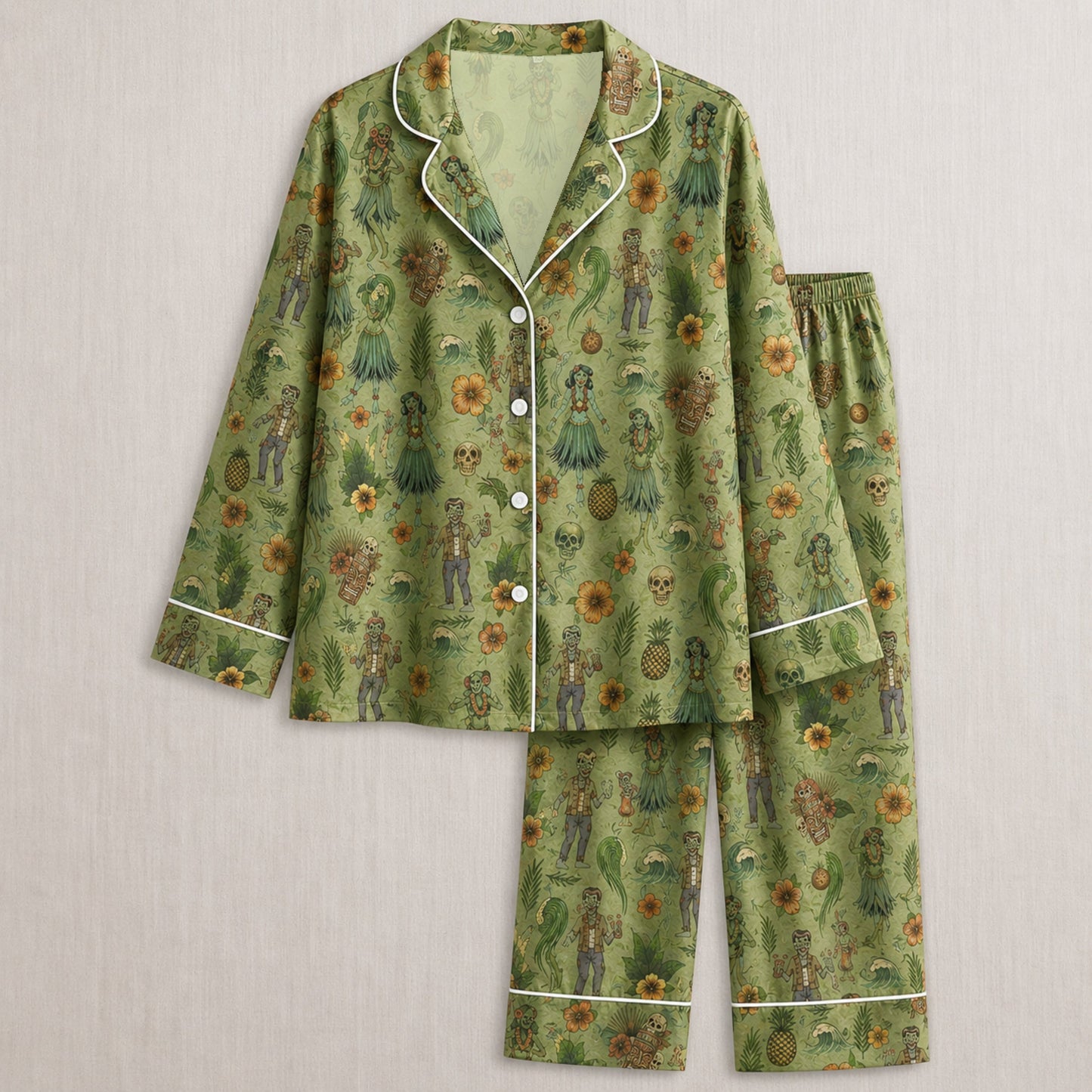 PJ-030-Satin Zombie Tiki White Piping Button Up Long/Short Pajama Set