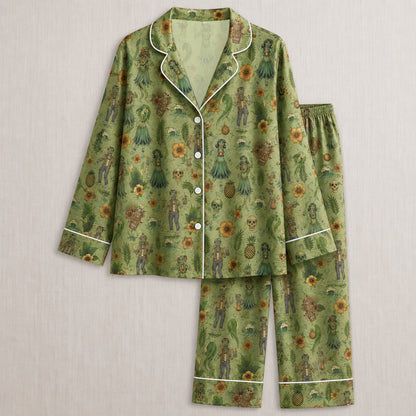 PJ-030-Satin Zombie Tiki White Piping Button Up Long/Short Pajama Set