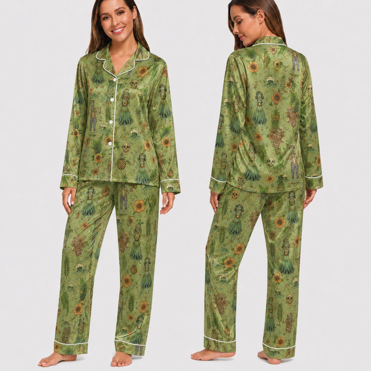 PJ-030-Satin Zombie Tiki White Piping Button Up Long/Short Pajama Set