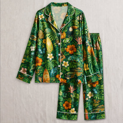 PJ-032-Satin Tropical Jungle White Piping Button Up Long/Short Pajama Set