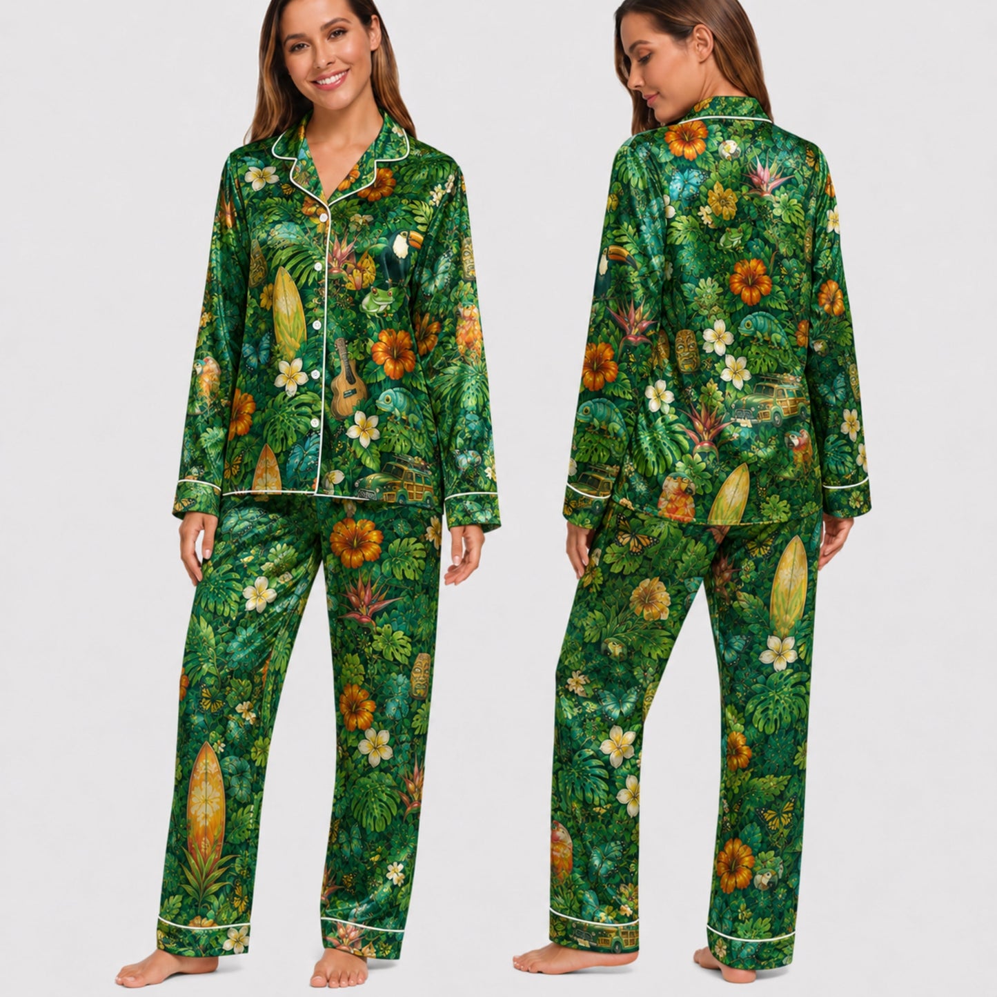 PJ-032-Satin Tropical Jungle White Piping Button Up Long/Short Pajama Set