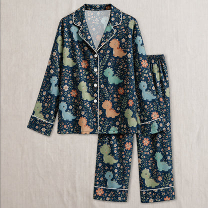 PJ-033-Satin Floral Dinosaur White Piping Button Up Long/Short Pajama Set